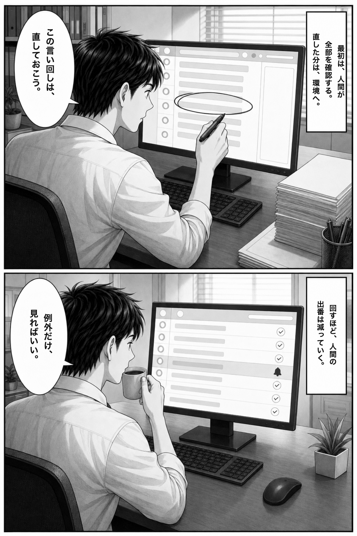漫画：最初はAIのフォロー文面を全部確認して直していた営業担当。直した分を環境に書き戻すうちに、例外の一件だけ通知が来る状態になった