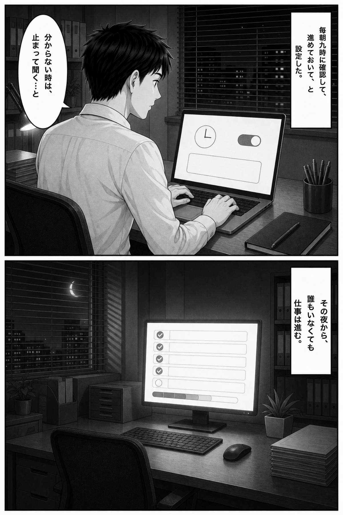 漫画：「毎朝九時に確認して進めておいて。分からない時は止まって聞いて」と設定する営業担当。その夜から、誰もいないオフィスでもモニターの中で仕事が進んでいく