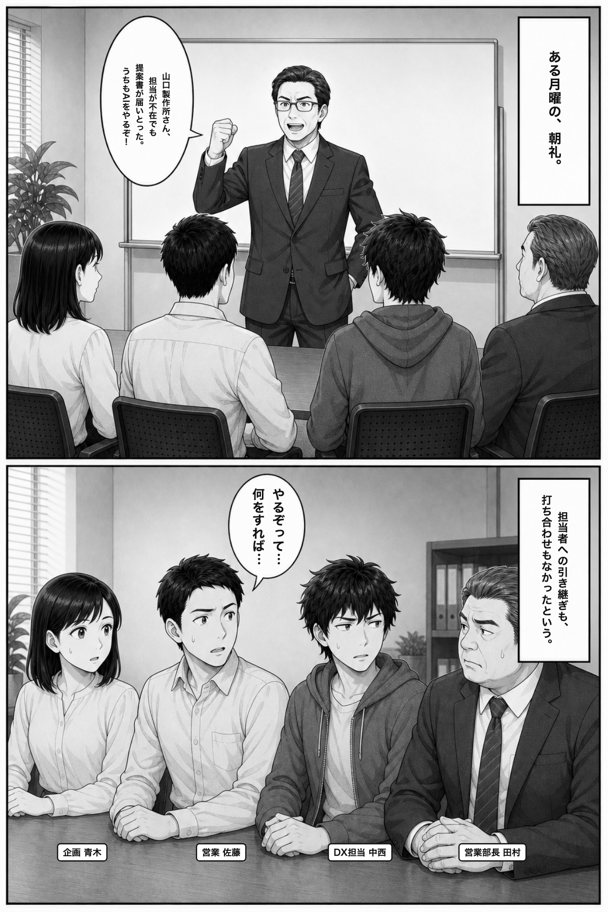 P1: ある月曜の朝礼。「金曜に頼んだ提案書が、月曜の朝一に届いてた。担当は不在で、若手とAIだけで仕上げたらしい。うちもAIをやるぞ！」と社長が宣言し、社員たちは顔を見合わせる
