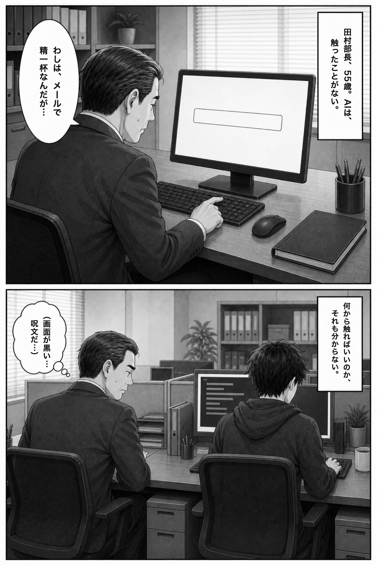 P2: 田村部長55歳、AIは触ったことがない。検索窓に「AIとは」。隣の席のコードだらけの画面を覗いて、そっと目をそらす