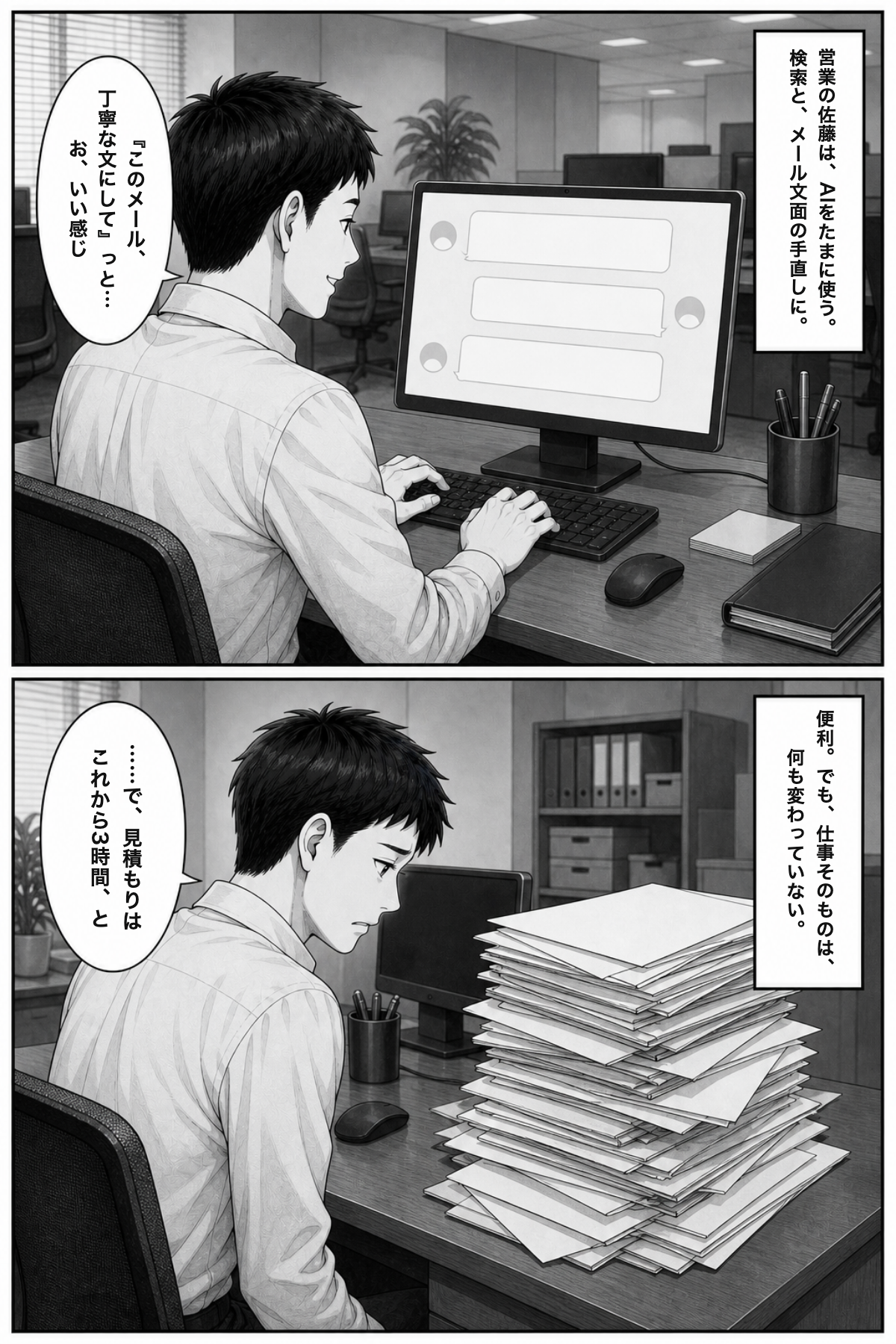 P3: 営業の佐藤はたまに使う。メールの文面を直してもらって「お、いい感じ」。でも見積もりはこれから3時間。仕事そのものは何も変わっていない