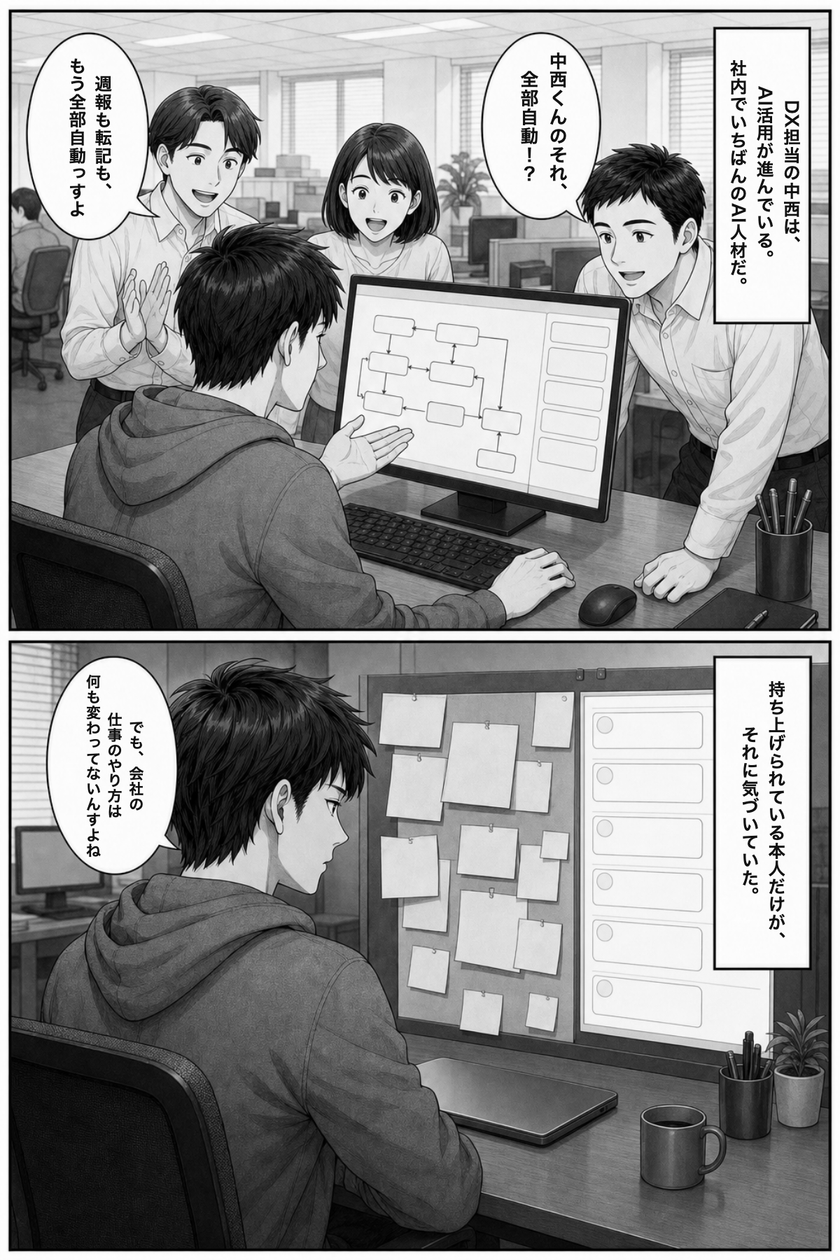 P4: DX担当の中西は自動化が組めて「すげー！」と持ち上げられる。でも一人になると「会社の仕事のやり方は何も変わってないんすよね」