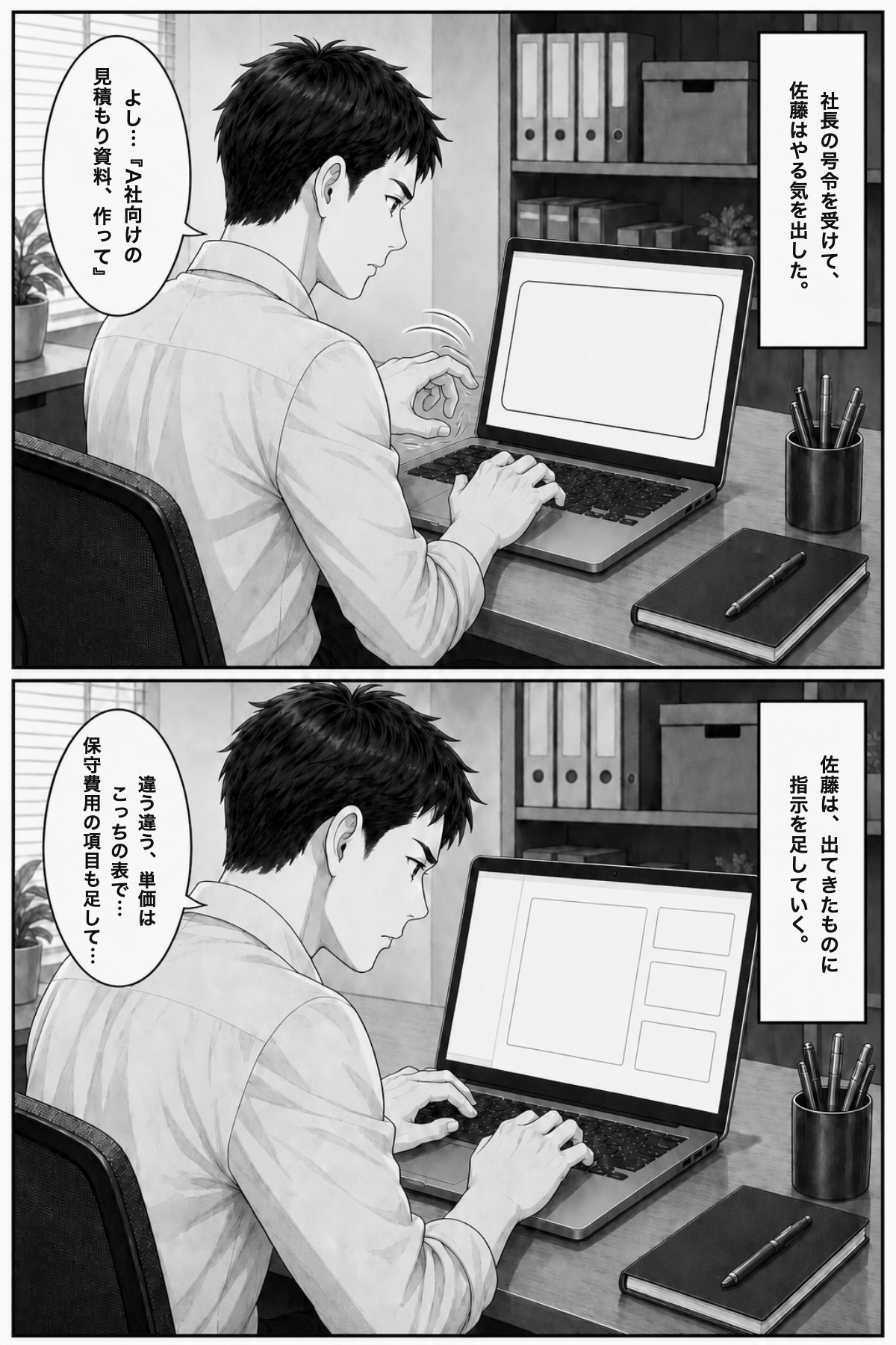 P5: 号令を受けて佐藤がAIで見積もり資料に挑戦。「違う違う、単価はこっちの表で…」と指示を足していく