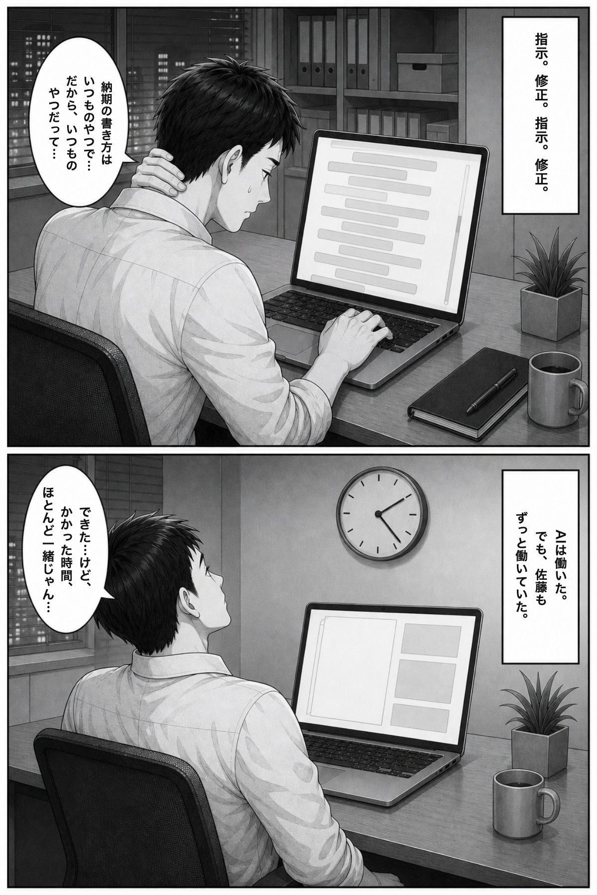 P6: 指示、修正、指示、修正。できたけれど、かかった時間はほとんど一緒。AIは働いた。でも佐藤もずっと働いていた
