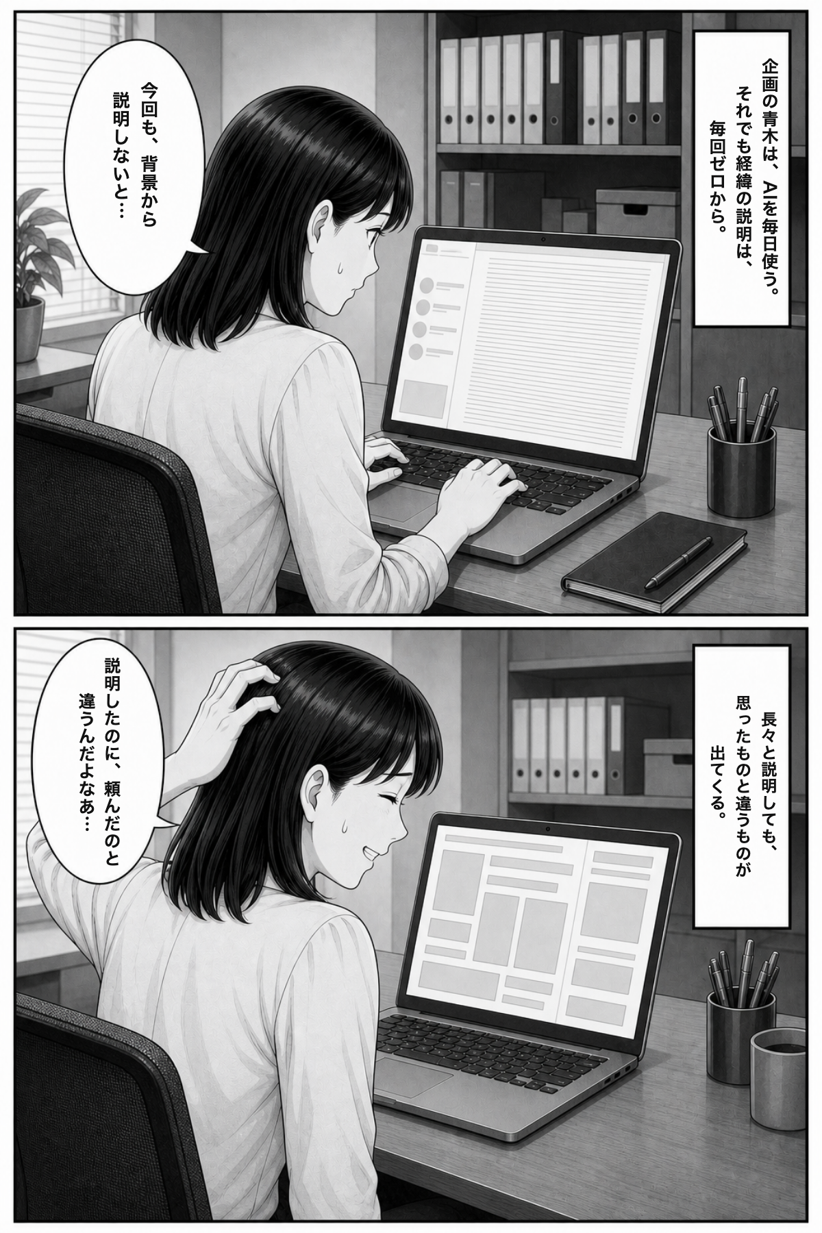 P7: 毎日使う企画の青木も、頼むたびに経緯をゼロから説明。長々と説明しても、思ったものと違うものが出てくる
