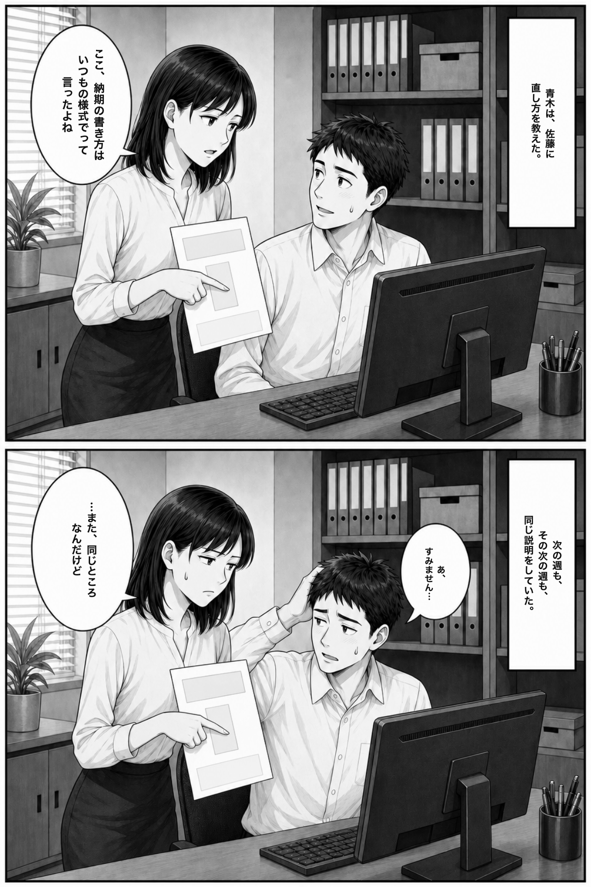 P9: 青木が佐藤に「納期の書き方はいつもの様式でって言ったよね」と直し方を教える。次の週も、その次の週も、同じ説明をしていた