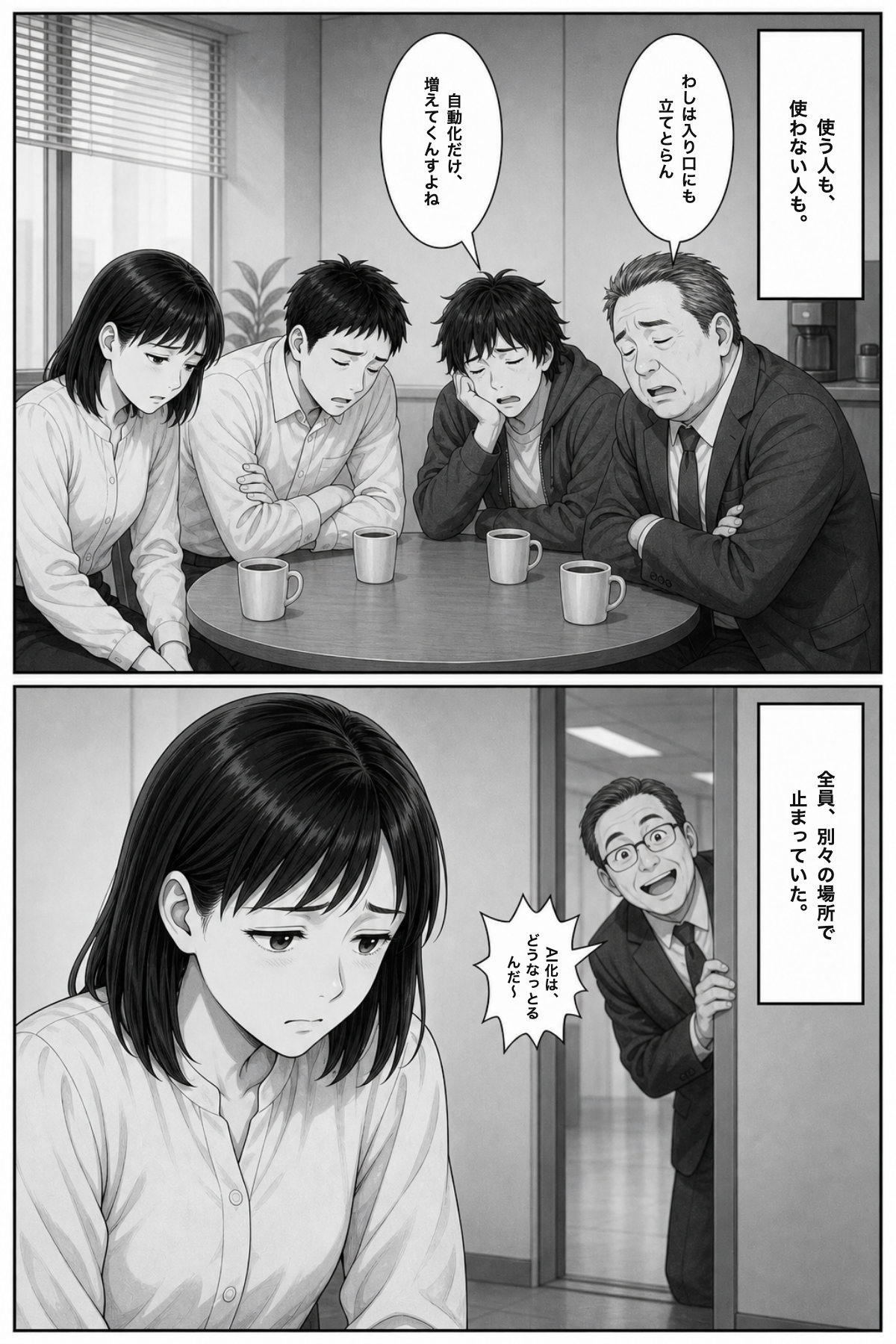 P10: 休憩スペースで4人がぐったり。使う人も使わない人も、全員別々の場所で止まっていた。廊下から社長の「AI化はどうなっとるんだ〜」