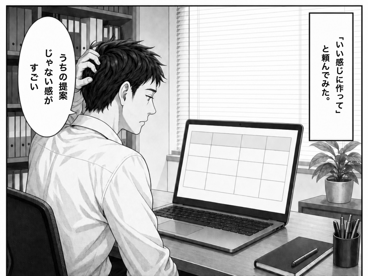 漫画：AIに「いい感じに作って」と頼んで、どこにでもあるテンプレの表が返ってきて頭をかく営業担当