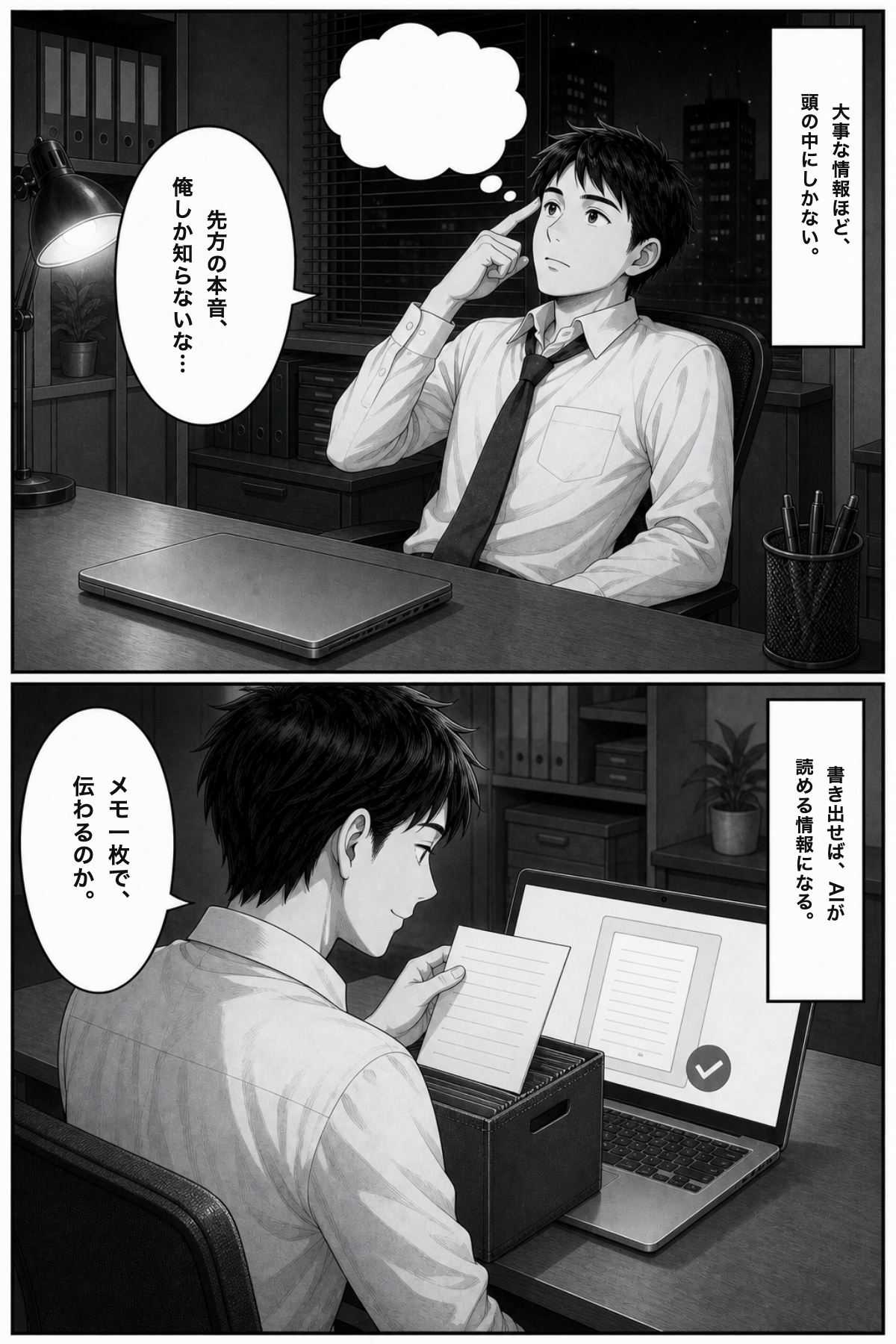 漫画：「先方の本音、俺しか知らないな…」と気づいた営業担当が、メモ一枚を書いて案件フォルダへ。AIがそれを読み込む