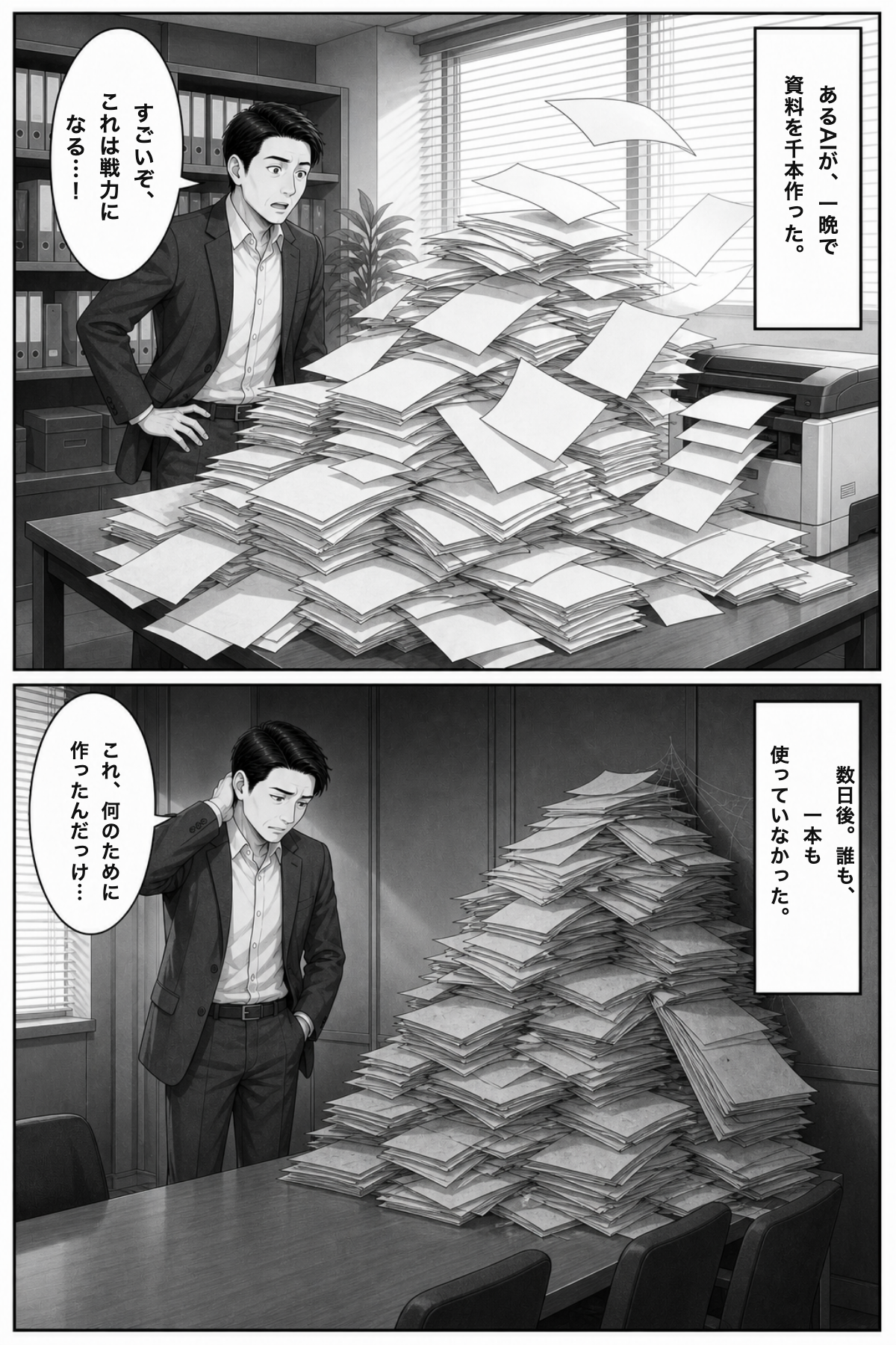 漫画:一晩で資料を千本作ったAIに「これは戦力になる」と驚く社長。数日後、その山は会議室の隅で誰にも使われないまま埃をかぶっていた