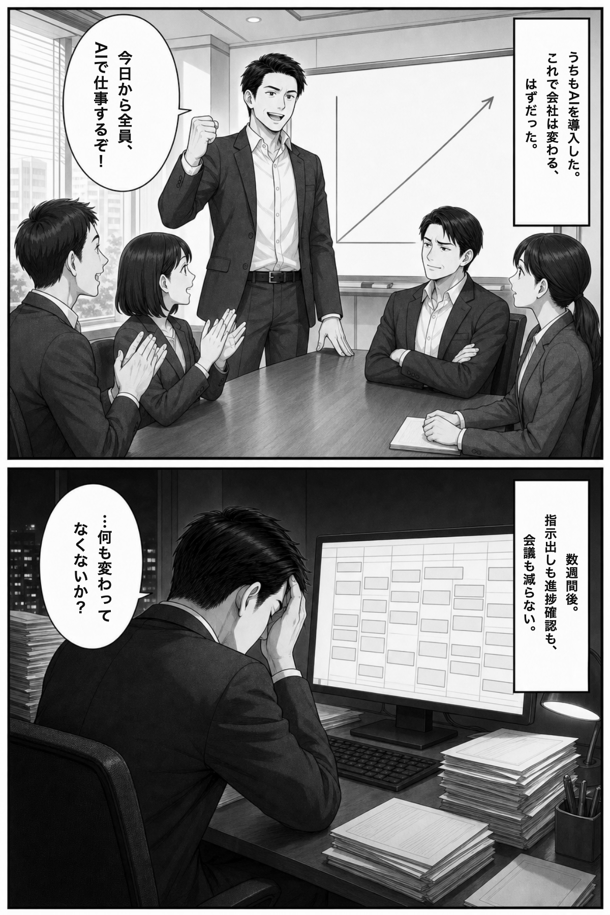 漫画1ページ目:「今日から全員、AIで仕事するぞ」と会議室で宣言した社長。数週間後の夜、指示出しも進捗確認も会議も減らないまま、予定で埋まったカレンダーを前に頭を抱える