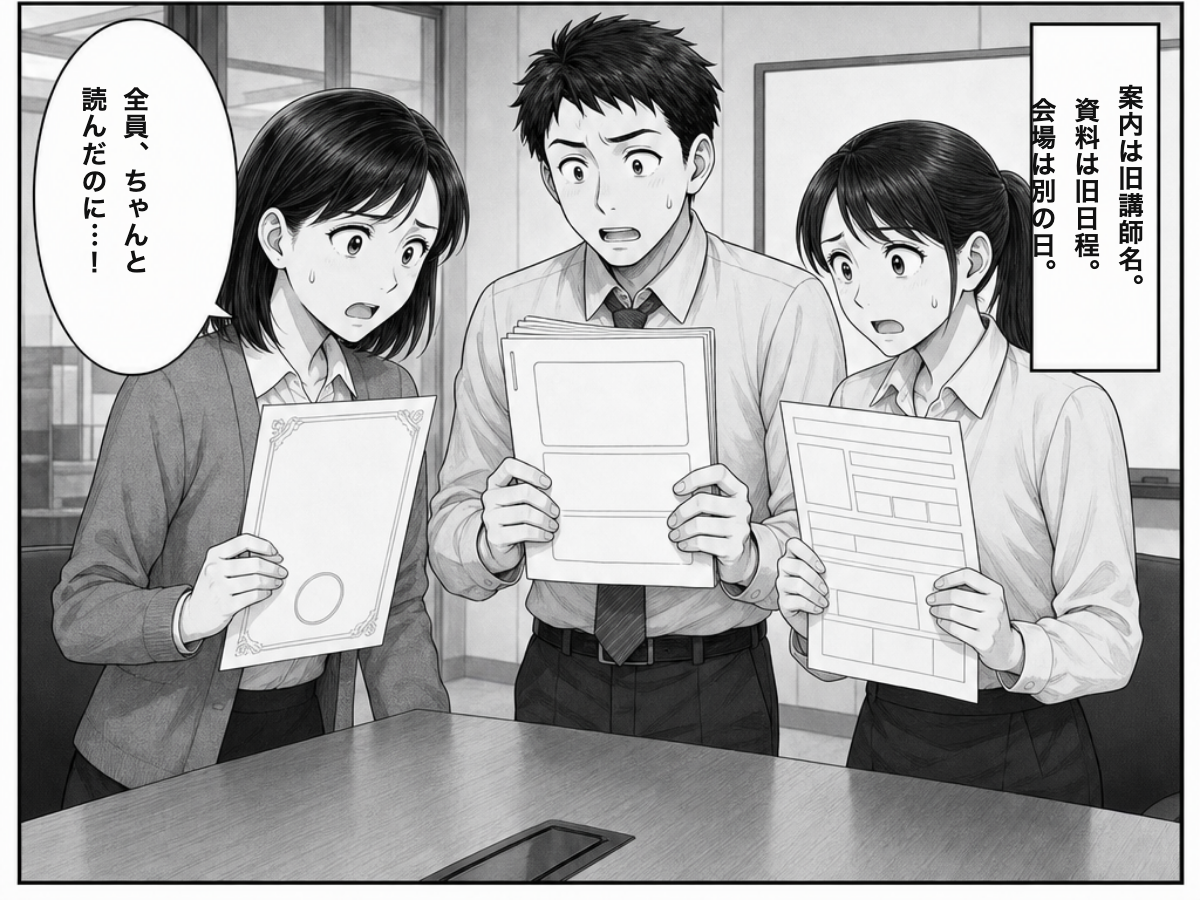 The team discovers that the invitations, materials and venue booking disagree